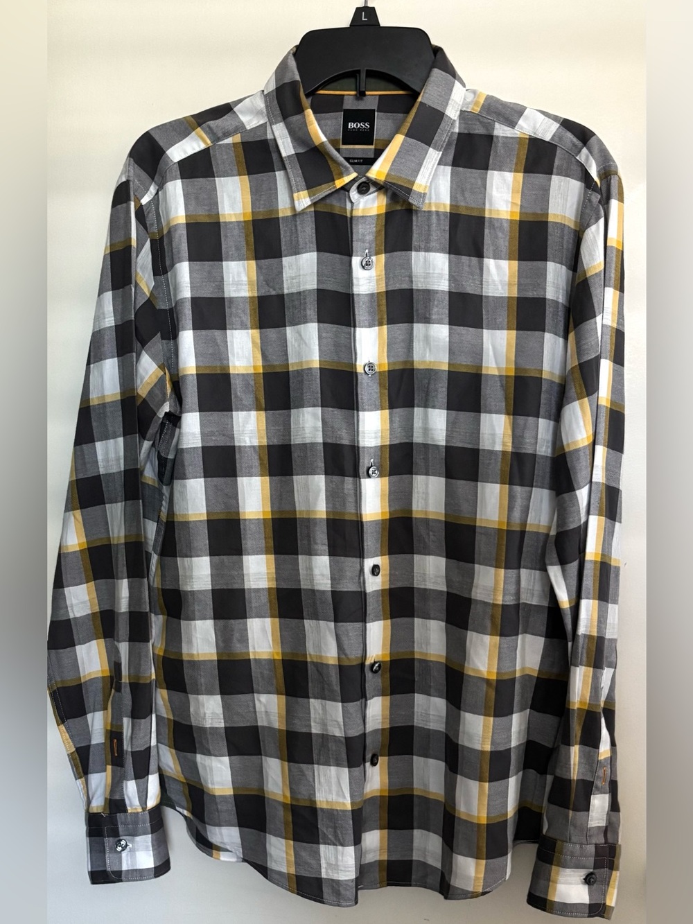 Hugo Boss Slim Fit Long Sleeve Shirt Yellow Gray Plaid Large
